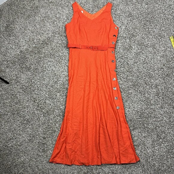 Vtg Claude Rene Orange Linen Side Button Sleeveless Dress Maxi Belt Sz 14 New - Picture 9 of 15